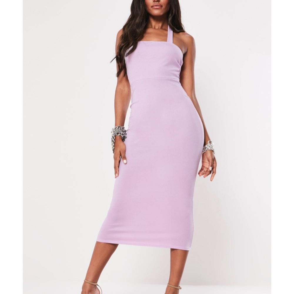 Lilac bodycon square neck halter midi dress
